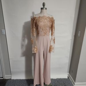 🥰 SOLD 🥰 Rose Gold + Champagne Formal Jumpsuit with Illusion Lace Sleeves